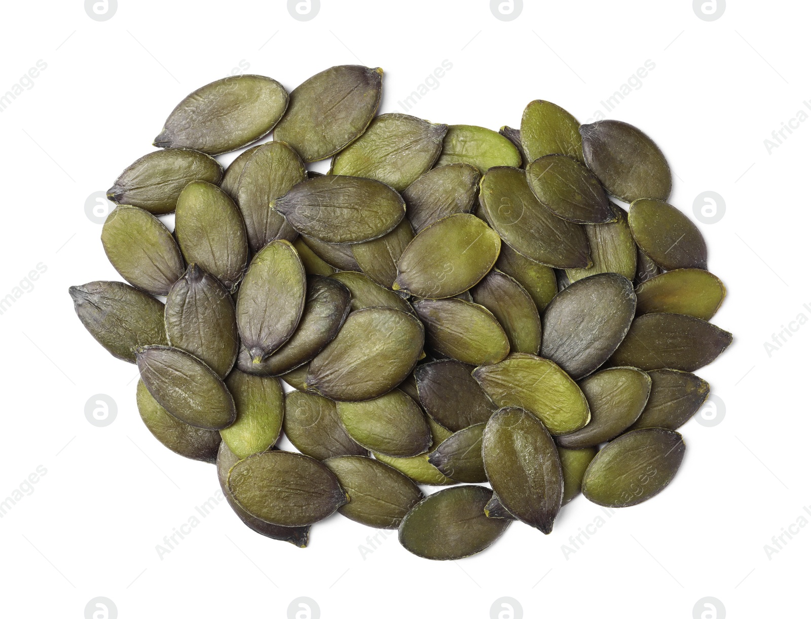 Photo of Heap of pumpkin seeds isolated on white, top view