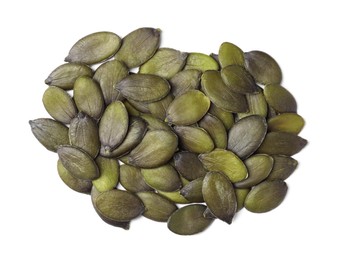 Heap of pumpkin seeds isolated on white, top view