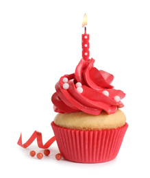 Photo of Delicious birthday cupcake with candle isolated on white