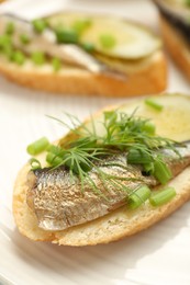 Photo of Delicious sandwich with sprat, pickled cucumber, green onion and dill on plate, closeup