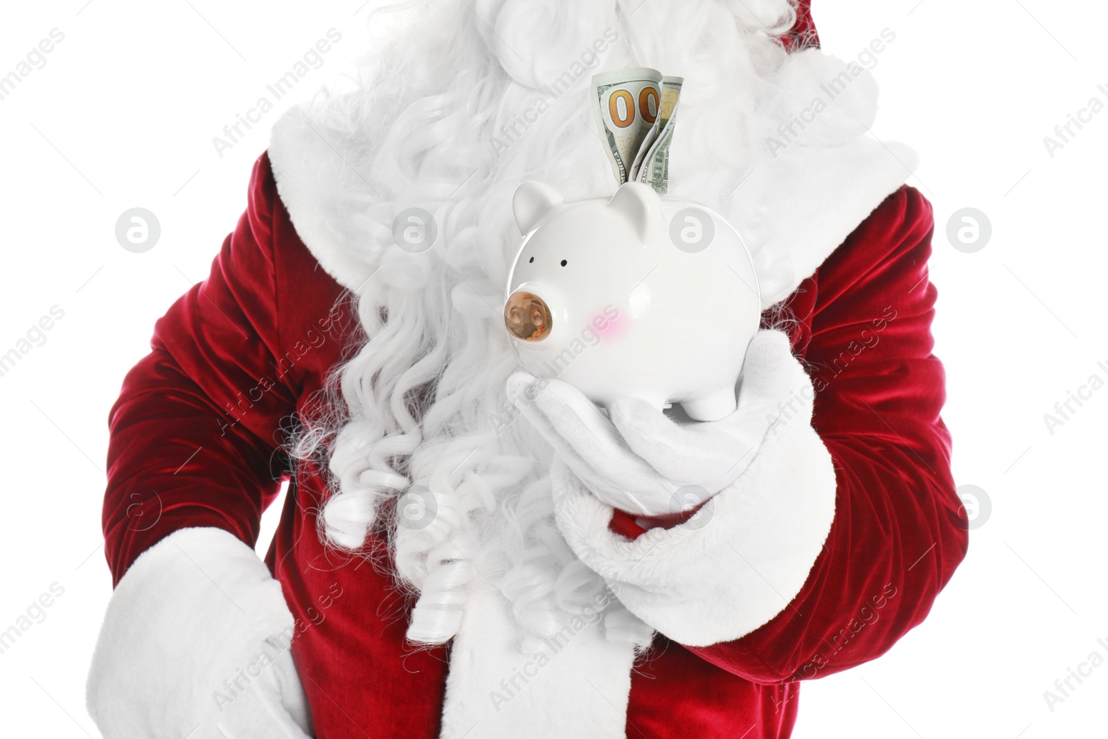 Photo of Santa Claus holding piggy bank with dollar banknotes on white background, closeup