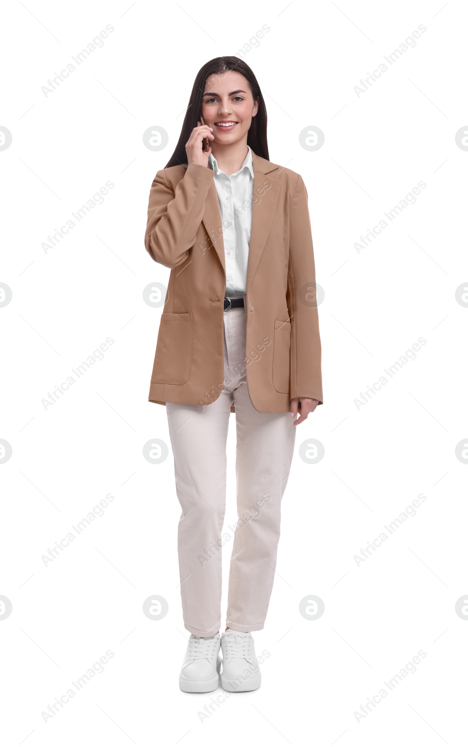 Photo of Beautiful businesswoman talking on smartphone against white background