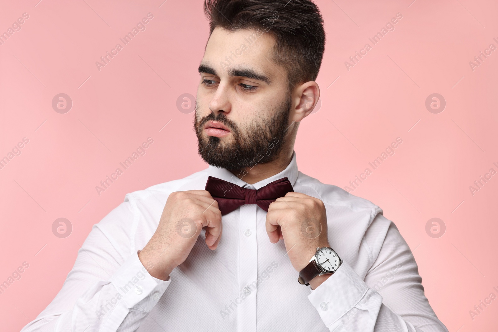 Photo of Portrait of handsome man adjusting bow tie on pink background