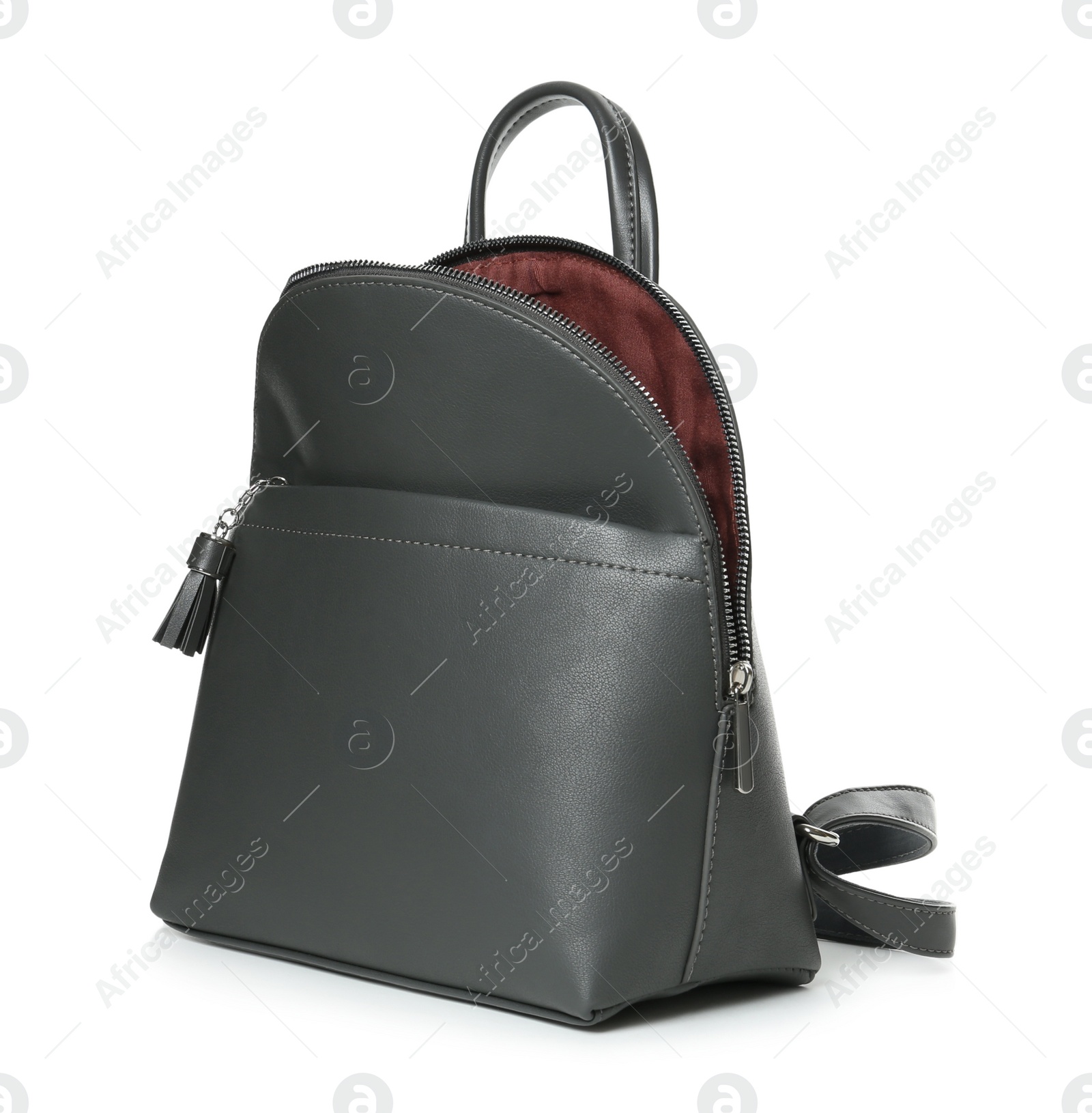 Photo of Stylish grey leather backpack isolated on white