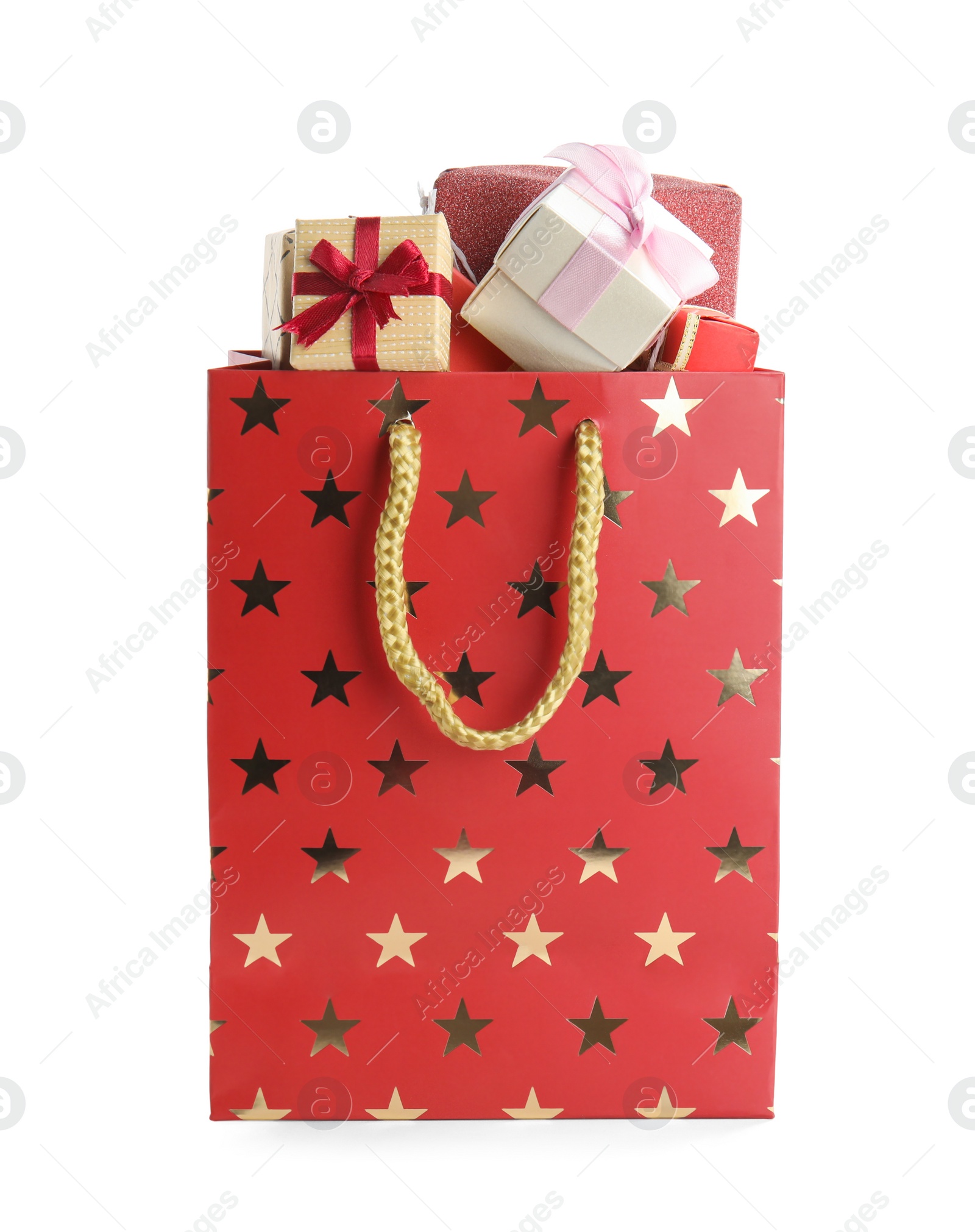 Photo of Shopping paper bag with presents isolated on white