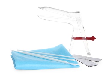 Photo of Sterile gynecological examination kit on white background