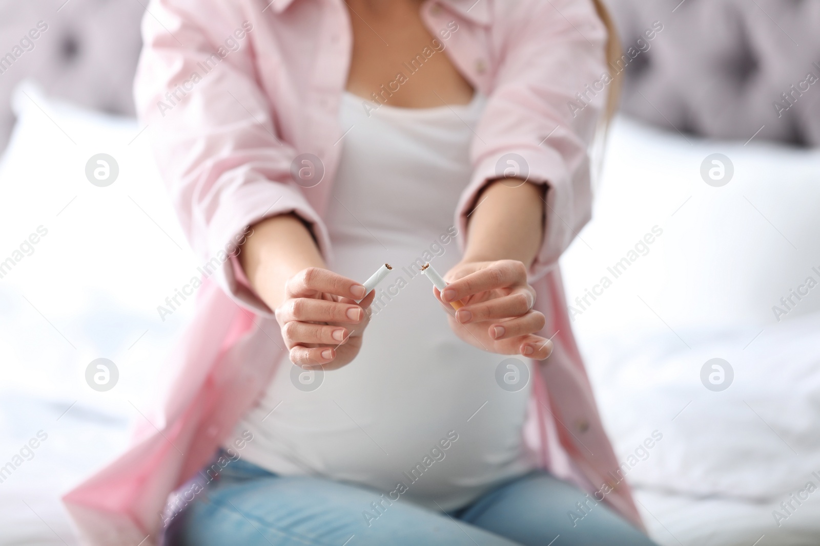 Photo of Young pregnant woman breaking cigarette in bedroom, closeup. Harm to unborn baby