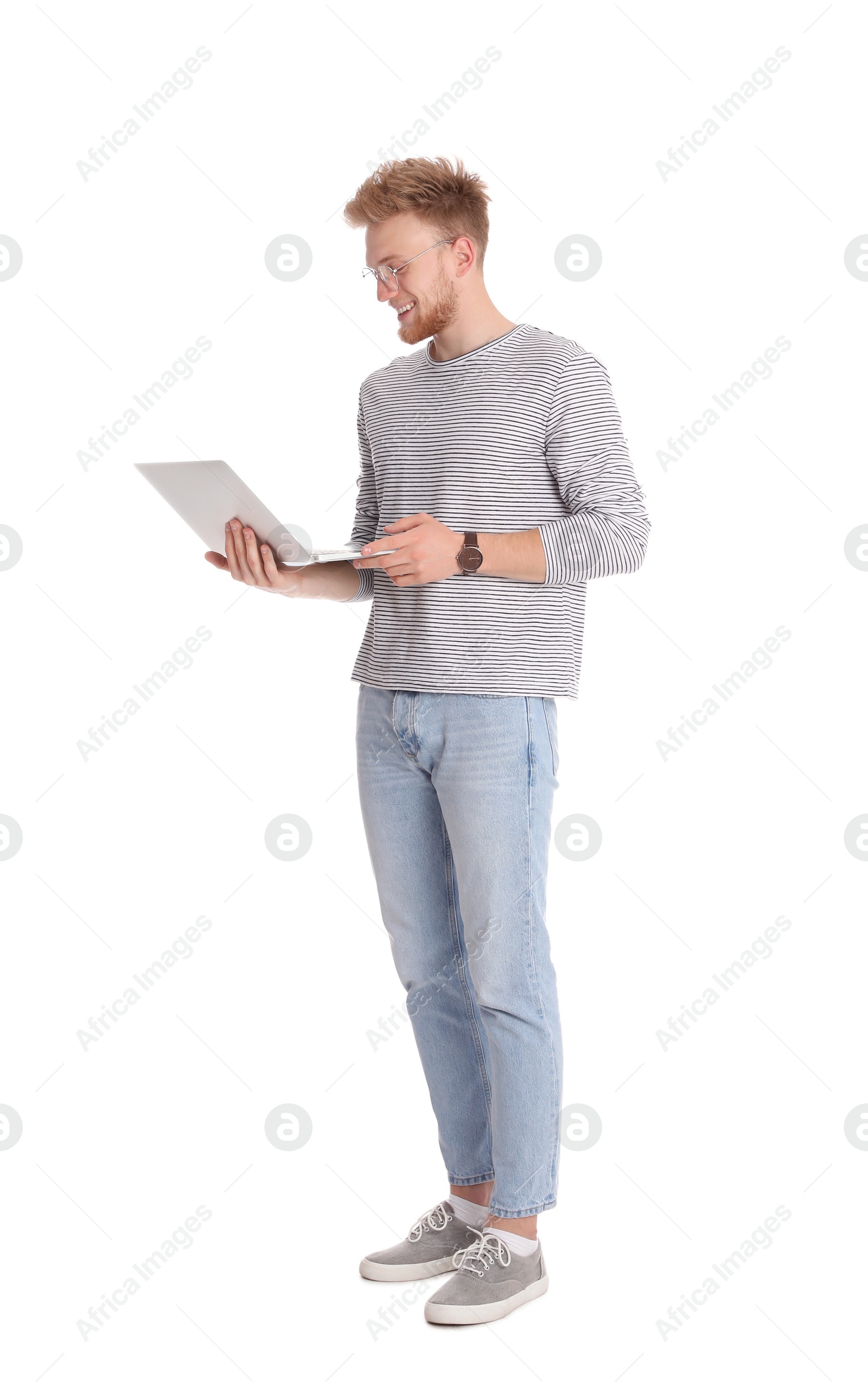 Photo of Happy man with laptop on white background