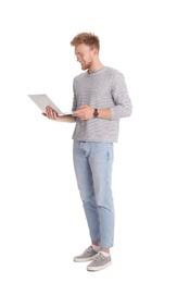 Happy man with laptop on white background