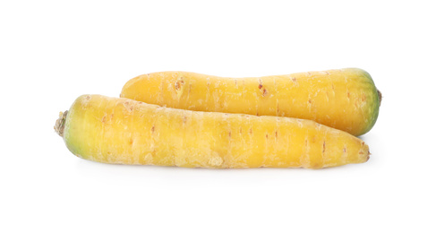 Photo of Fresh raw yellow carrots isolated on white