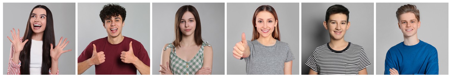 Image of Portraits of teenagers on light grey background, collage design