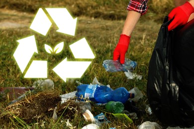 Image of Woman trash bag full of garbage in nature, closeup. Recycling symbol