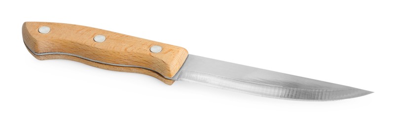 Photo of One sharp knife with wooden handle isolated on white