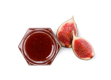 Photo of Glass jar with tasty sweet jam and halves of fresh fig isolated on white, top view