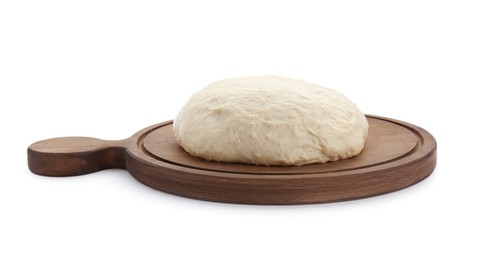 Photo of Fresh yeast dough and wooden board isolated on white