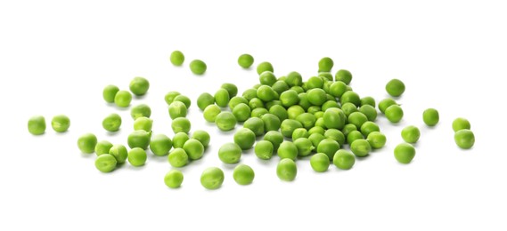 Fresh raw green peas on white background