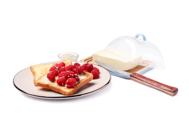 Delicious toasts with butter, raspberries and sesame seeds isolated on white