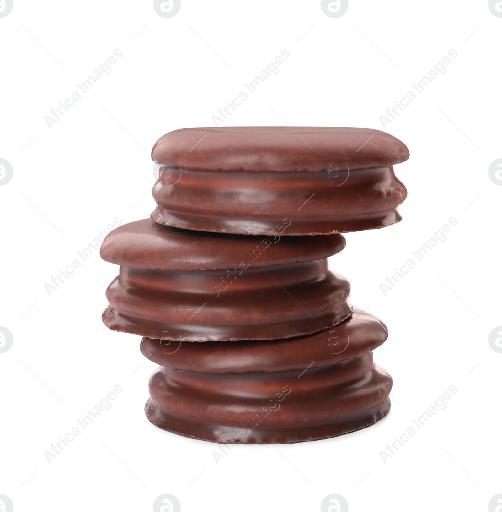 Photo of Delicious choco pies on white background. Classic snack cakes