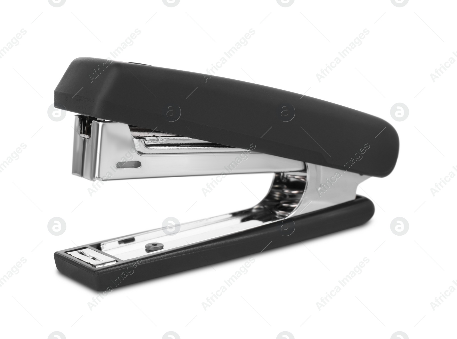 Photo of One new black stapler isolated on white