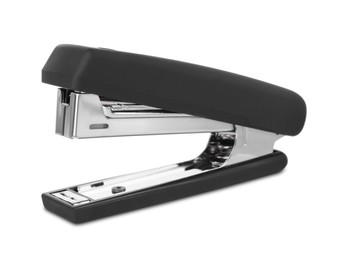 Photo of One new black stapler isolated on white