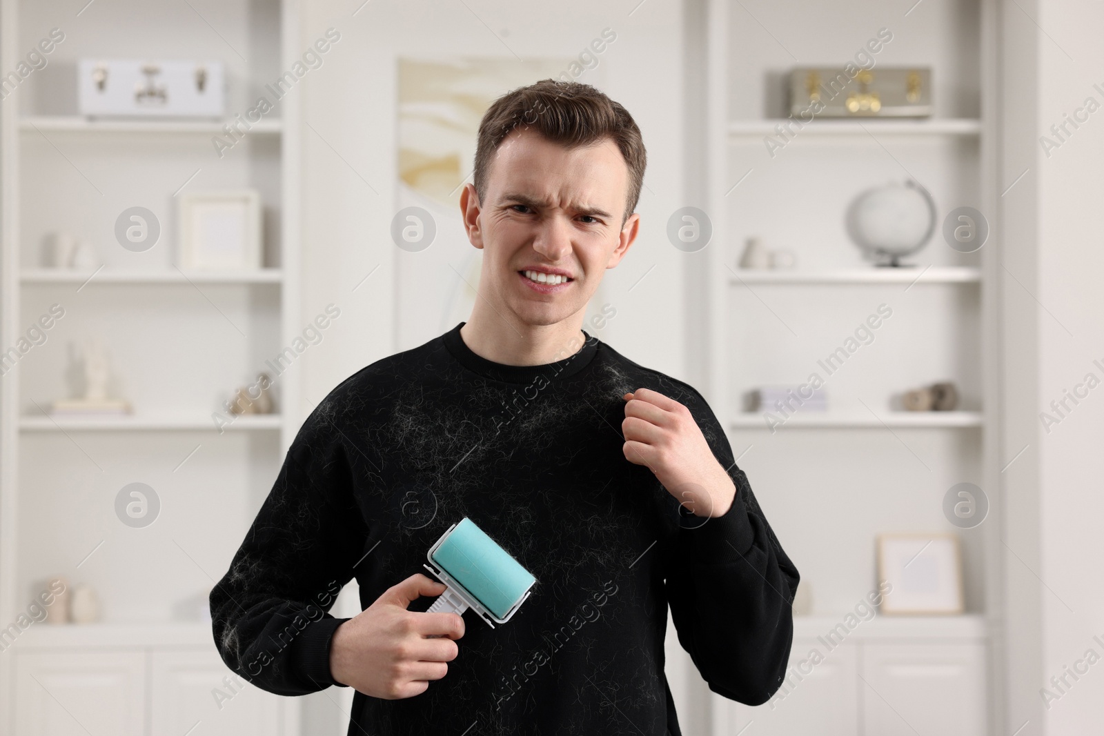 Photo of Pet shedding. Disgusted man with lint roller removing dog's hair from sweater at home