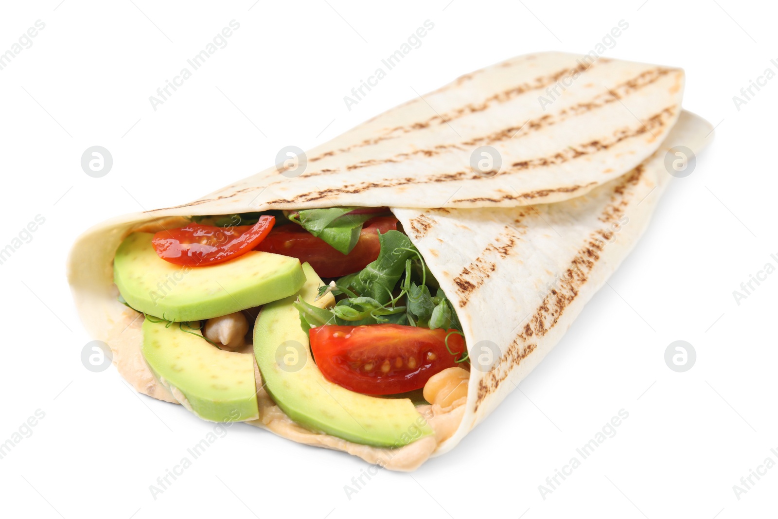 Photo of Delicious hummus wrap with vegetables isolated on white