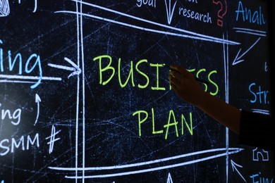 Business trainer with pen using interactive board, closeup