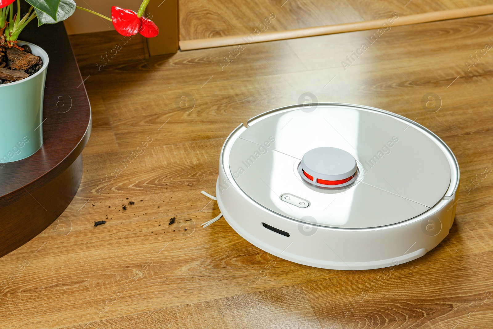 Photo of Robotic vacuum cleaner soil from wooden floor indoors