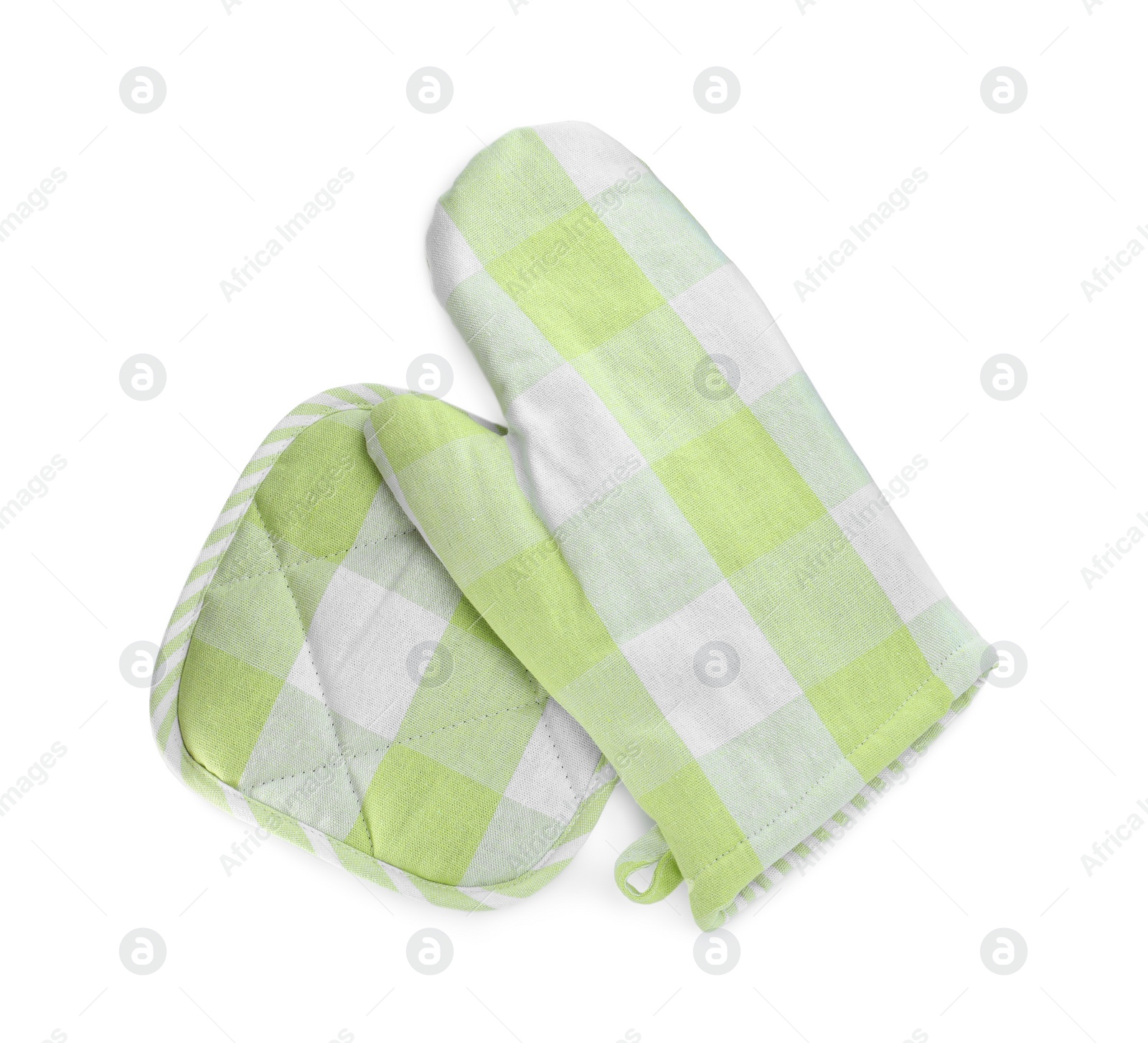 Photo of Oven glove and potholder for hot dishes on white background, top view