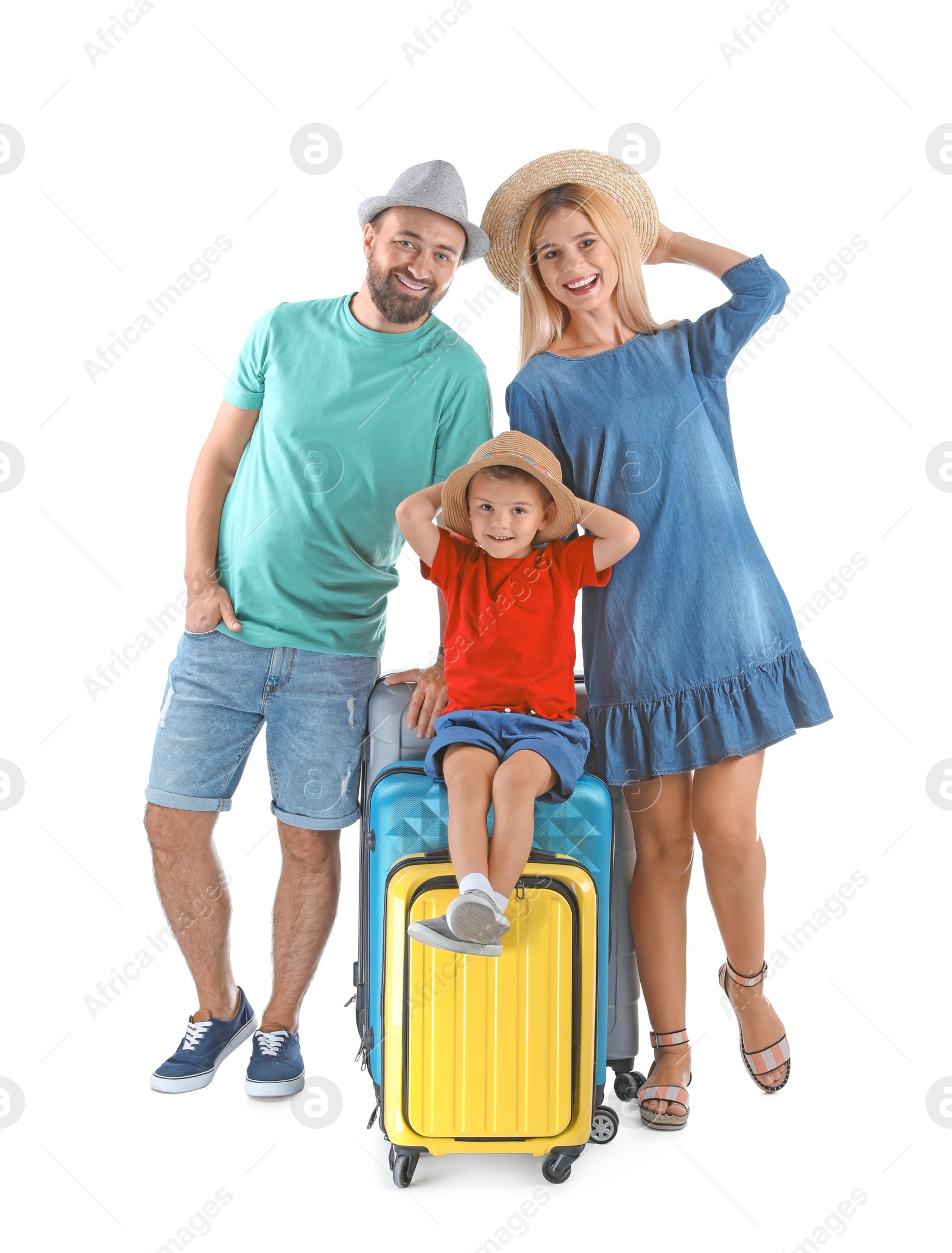 Photo of Family with suitcases on white background. Vacation travel