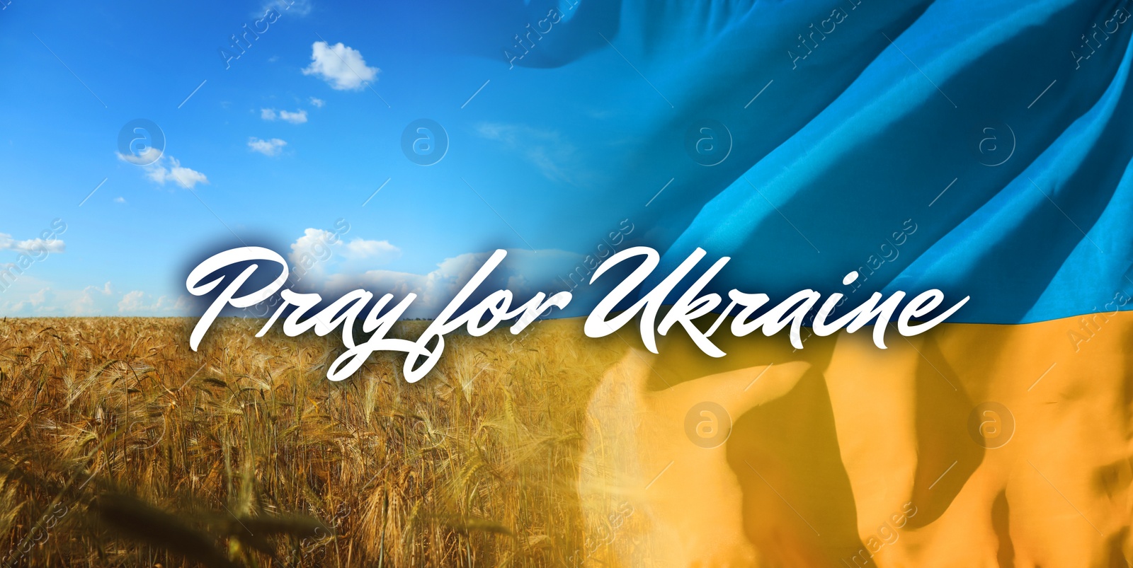 Image of Pray for Ukraine. Phrase against collage of wheat field and Ukrainian flag, banner design