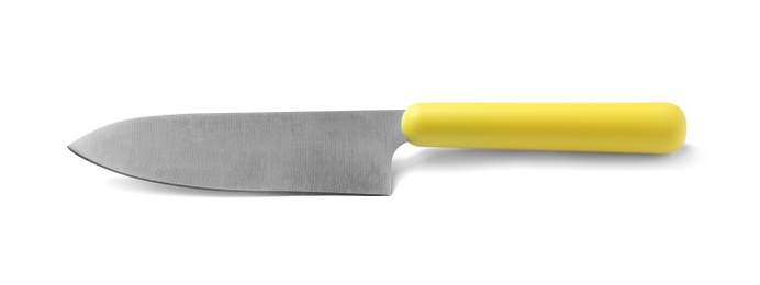 Photo of Stainless steel chef's knife with plastic handle on white background