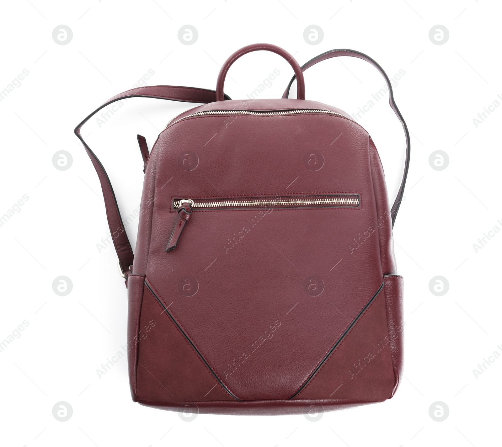 Photo of Burgundy women's backpack isolated on white, top view. Stylish accessory