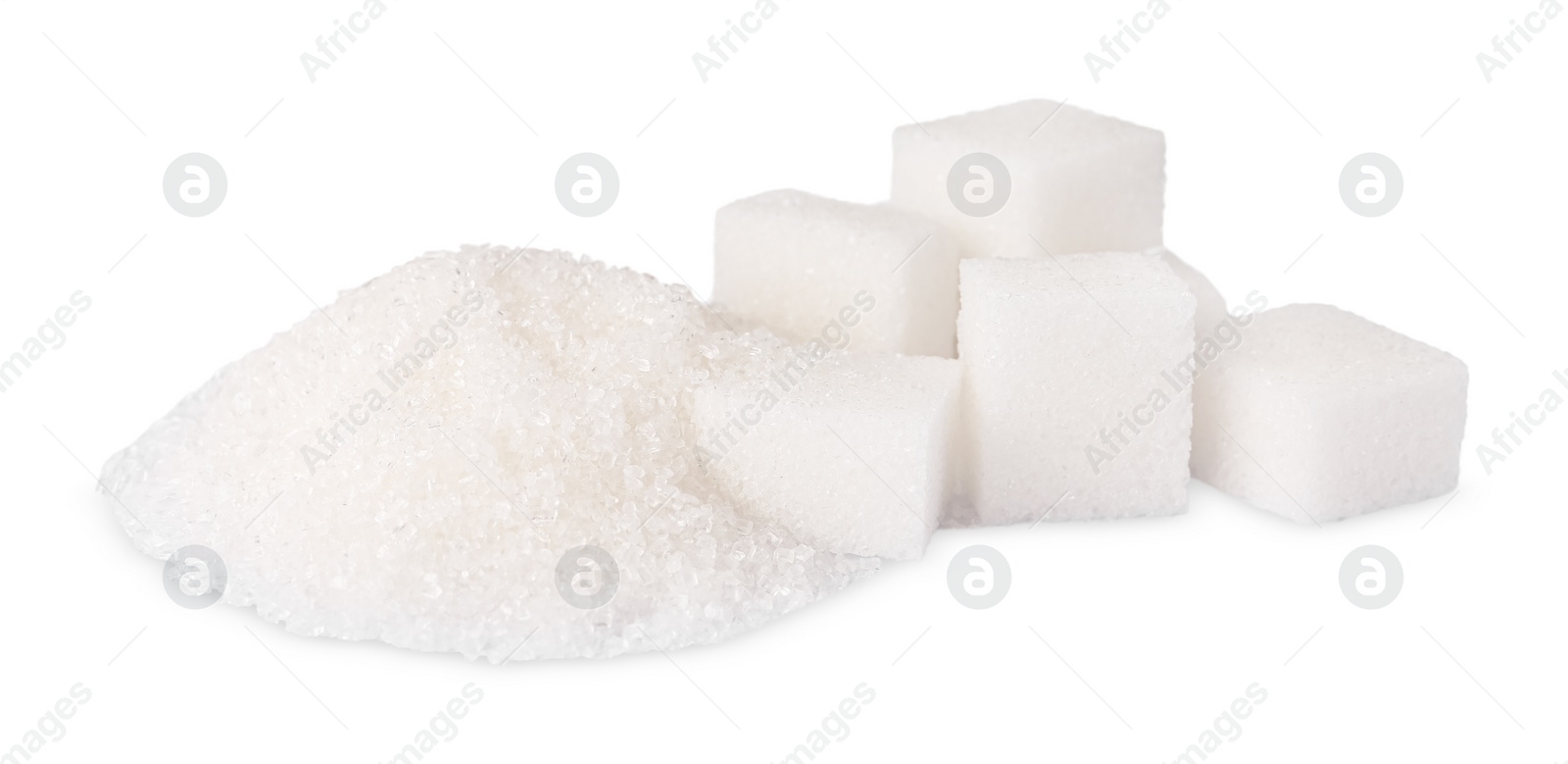 Photo of Granulated and cubed sugar isolated on white