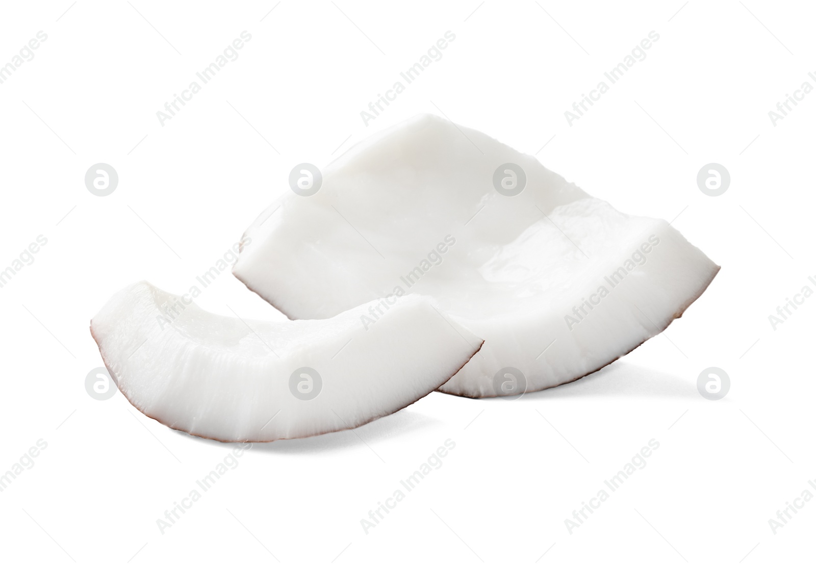 Photo of Pieces of tasty ripe coconut on white background