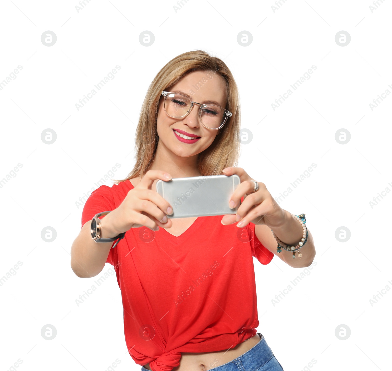 Photo of Attractive young woman taking selfie on white background