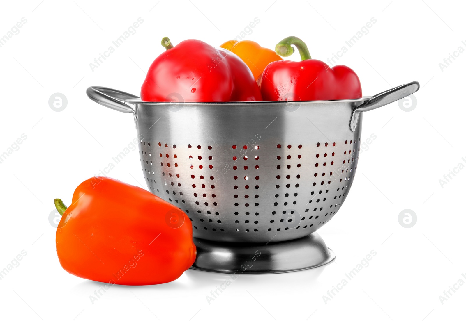 Photo of Colander with fresh bell peppers isolated on white