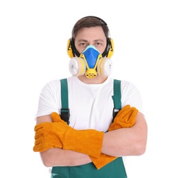 Photo of Male industrial worker in uniform on white background. Safety equipment