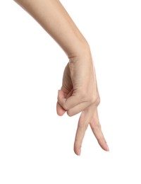 Photo of Woman imitating walk with hand on white  background, closeup. Finger gesture