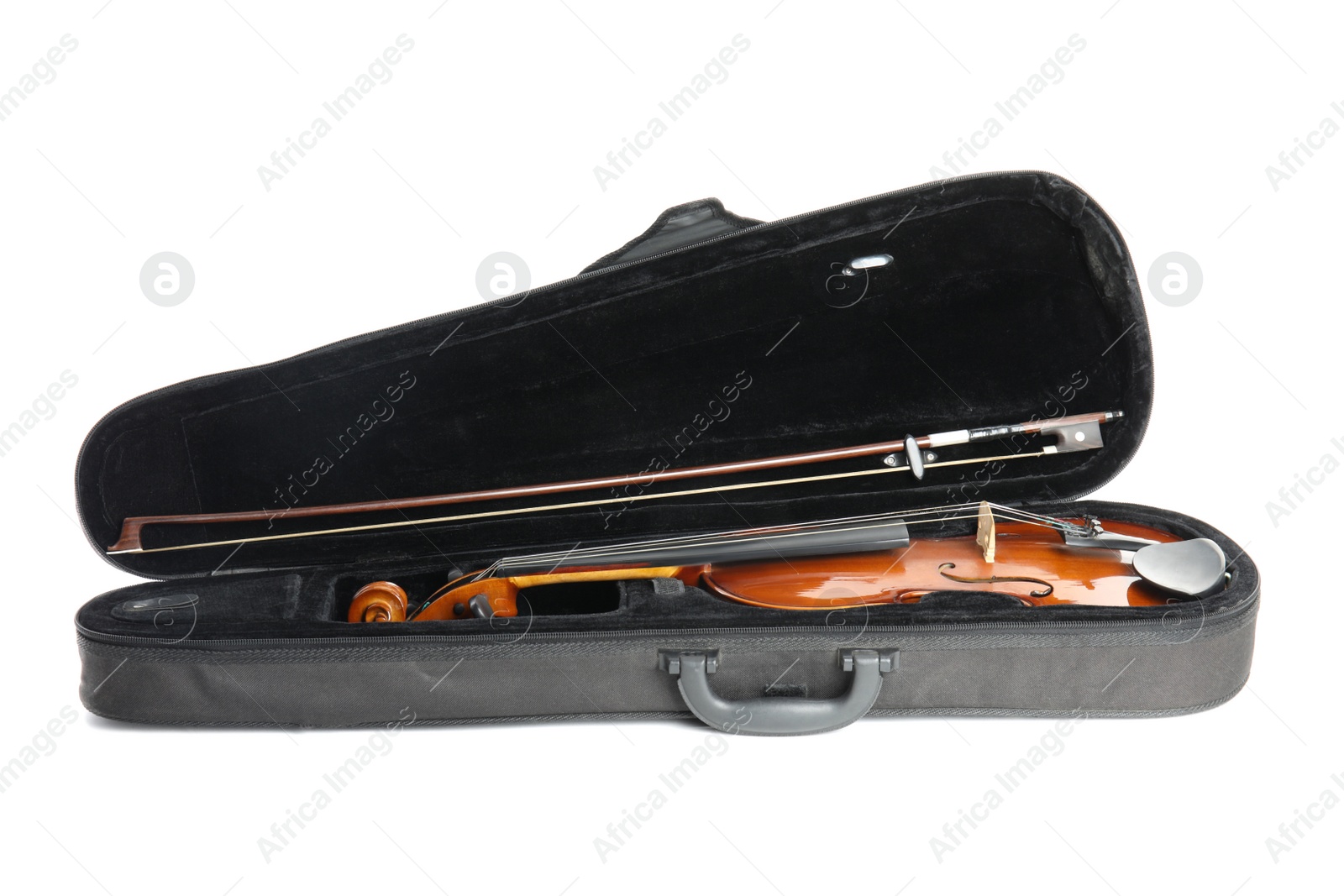 Photo of Beautiful classic violin in case isolated on white. Musical instrument