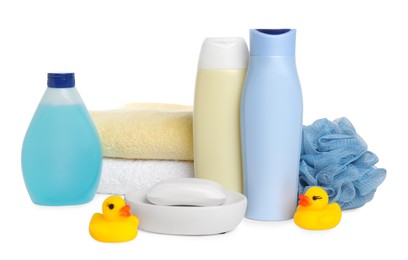 Photo of Baby cosmetic products, bath ducks, sponge and towels isolated on white