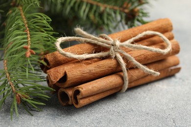Photo of Bunch of cinnamon sticks and fir branches on grey textured table, closeup
