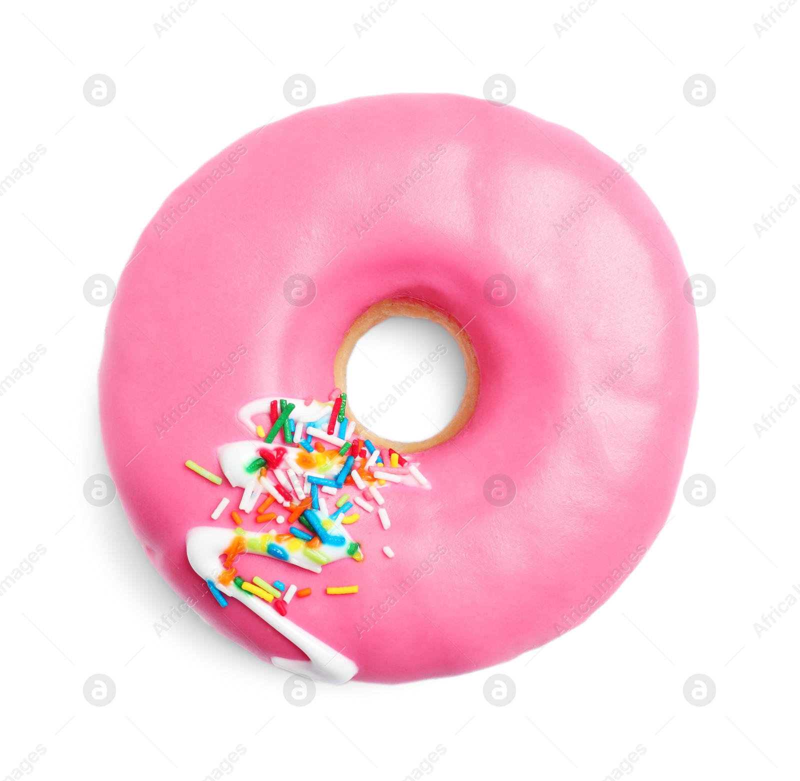 Photo of Sweet delicious glazed donut on white background, top view