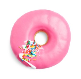 Photo of Sweet delicious glazed donut on white background, top view