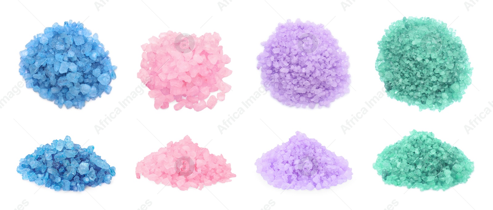 Image of Different sea salt isolated on white, top and side views