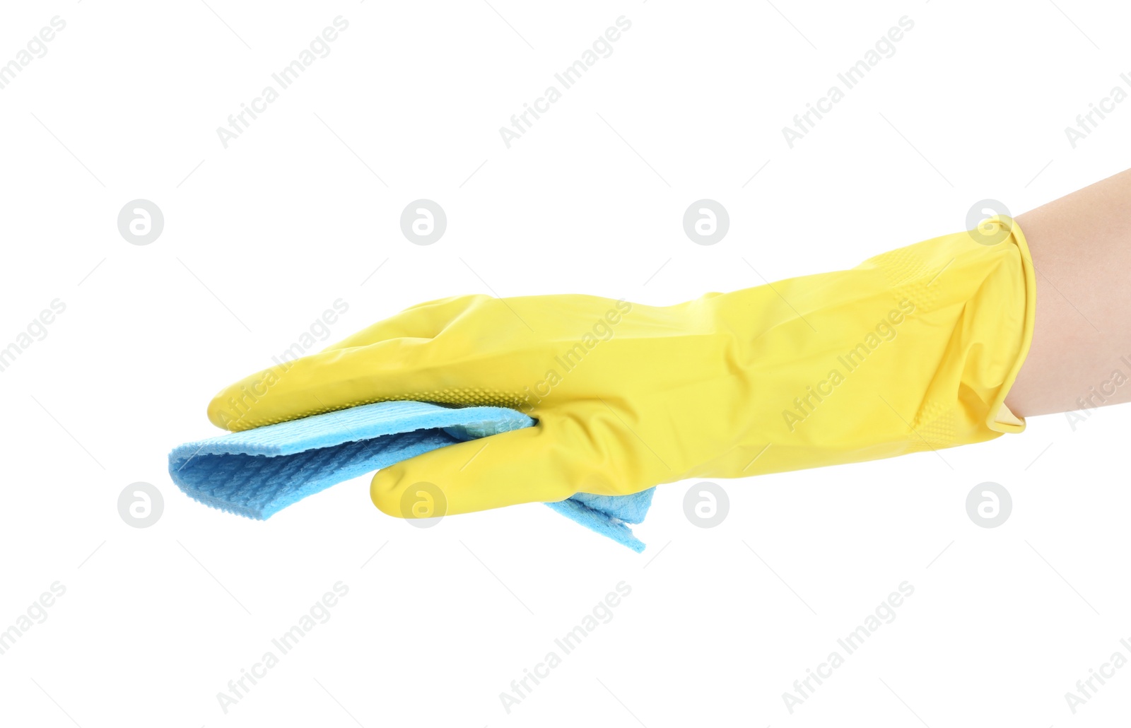 Photo of Person in rubber glove with rag on white background, closeup of hand