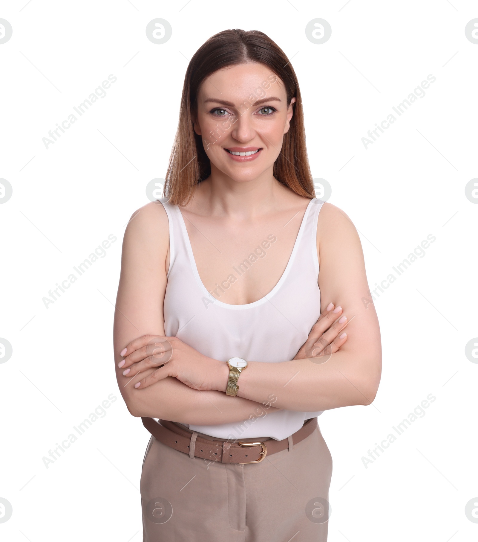 Photo of Beautiful happy businesswoman crossing arms on white background