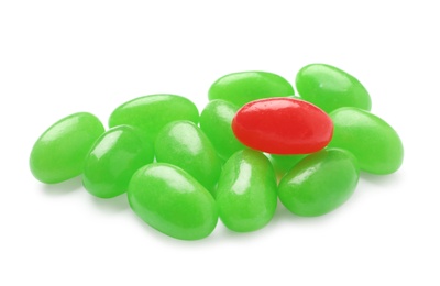 Photo of Pile of tasty bright jelly beans isolated on white