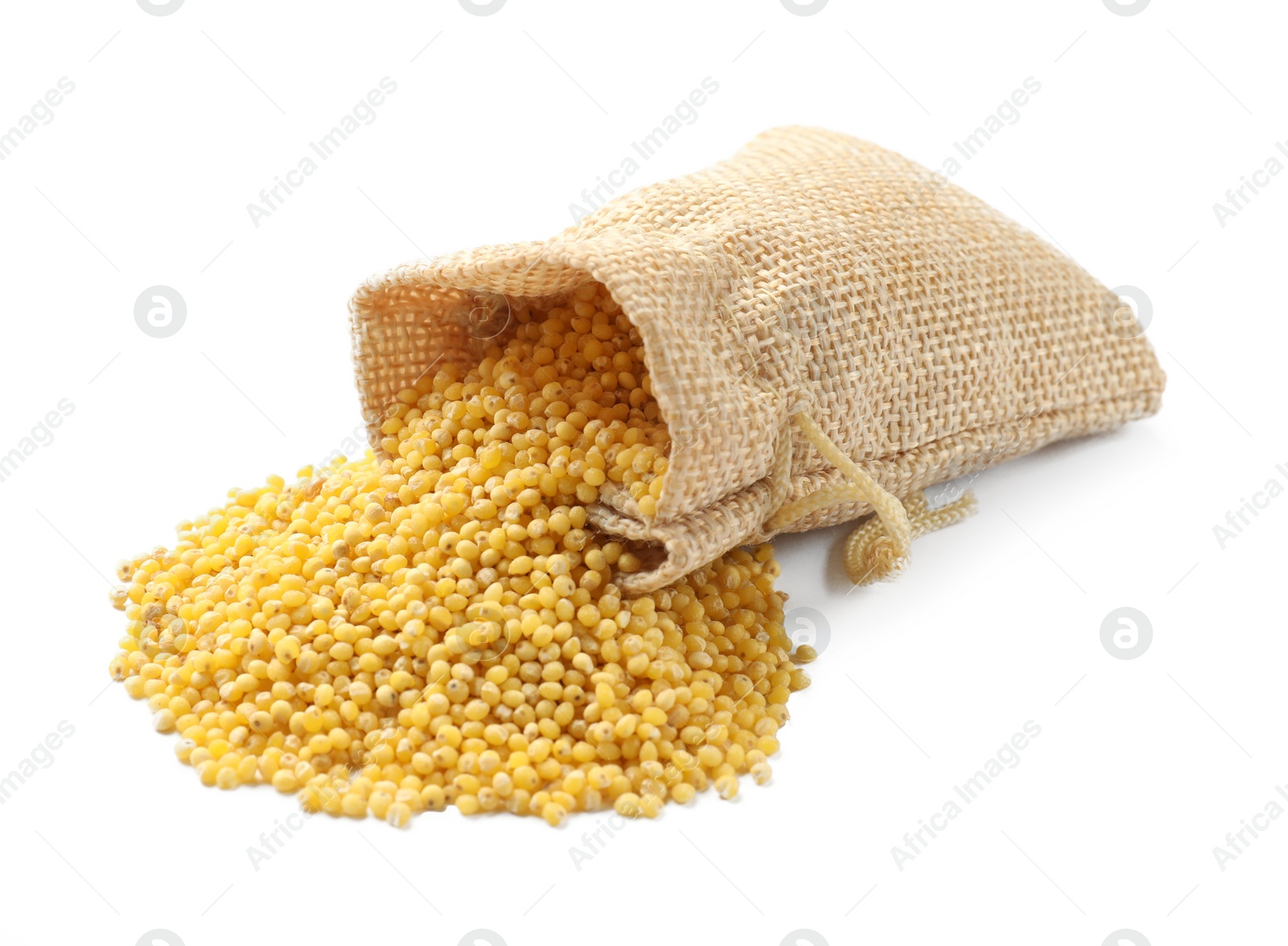 Photo of Sack with millet groats isolated on white