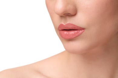 Photo of Woman wearing beautiful lip gloss on white background, closeup